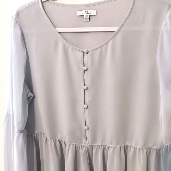 Halston Light Blue Sheer Blouson Sleeve Peplum Blouse Sz M - Picture 2 of 10